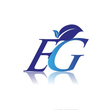 Yaprak logosu olan ilk EG harfi, mavi renk ve çevre logosu. iş ve şirket kimliği için vektör logosu.