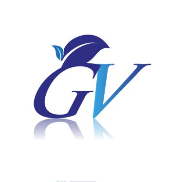 Yaprak logosu olan ilk harf GV, mavi renk doğa ve çevre logosu. iş ve şirket kimliği için vektör logosu.