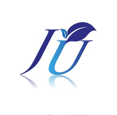 Yaprak logosuna sahip ilk Harf JU, mavi renk doğa ve çevre logosu. iş ve şirket kimliği için vektör logosu.