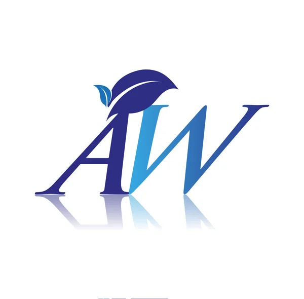 首字母Aw与叶子标志 彩色蓝色自然和环境标志 企业和公司标识的矢量标识 — 图库矢量图片