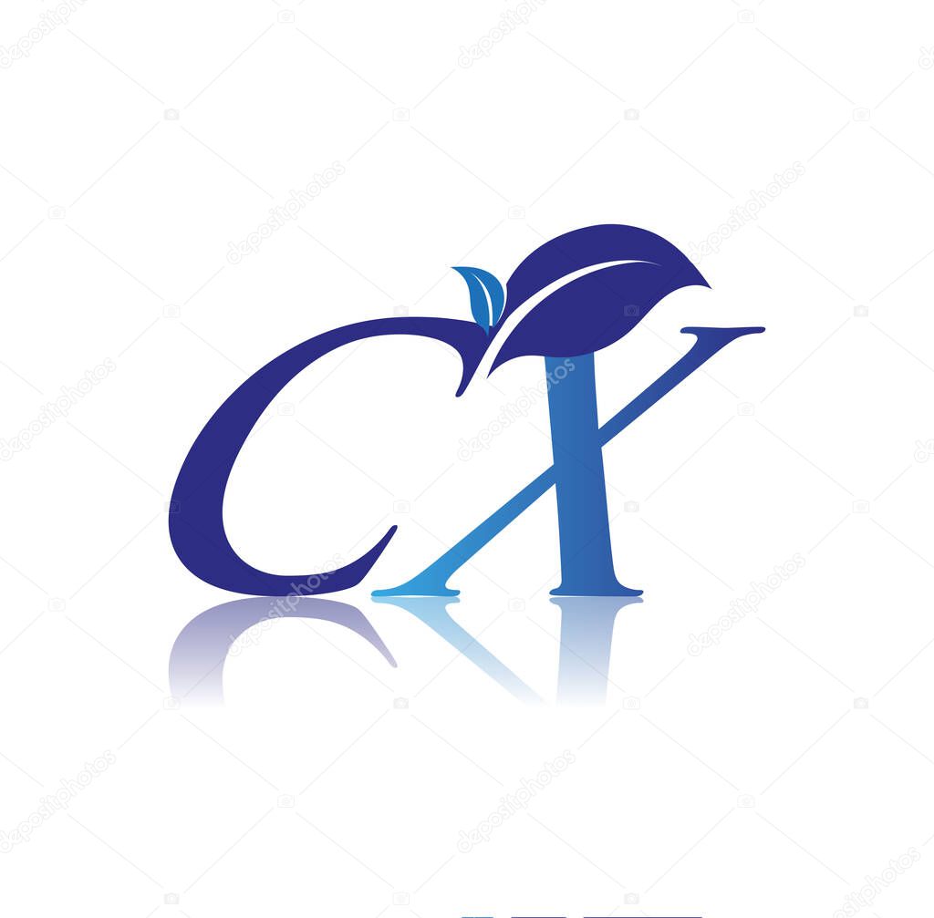 Initial Letter CX With Leaf Logo, colored blue nature and environment logo. vector logo for business and company identity.
