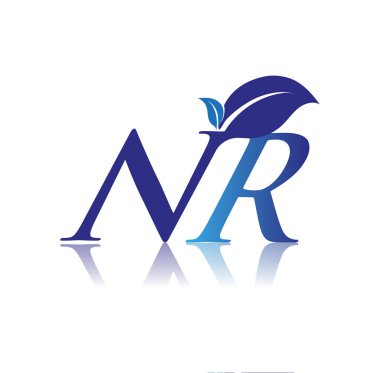 Yaprak logosu olan ilk harf NR, mavi renk ve çevre logosu. iş ve şirket kimliği için vektör logosu.