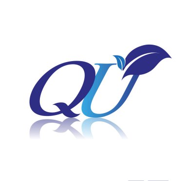 Yaprak logosu olan ilk harf QU, mavi renk doğa ve çevre logosu. iş ve şirket kimliği için vektör logosu.