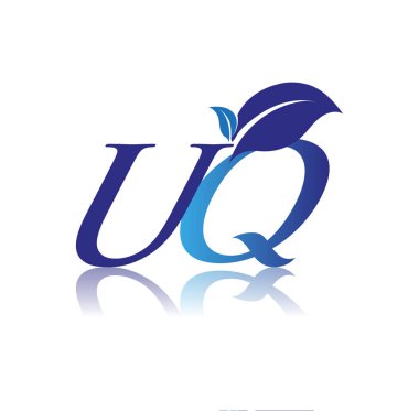 Yaprak logosuna sahip harfli UQ harfleri, mavi renk doğa ve çevre logosu. iş ve şirket kimliği için vektör logosu.