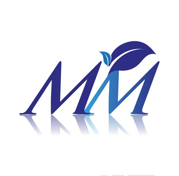 首字母Mm与叶子标志 蓝色自然和环境标识 企业和公司标识的矢量标识 — 图库矢量图片