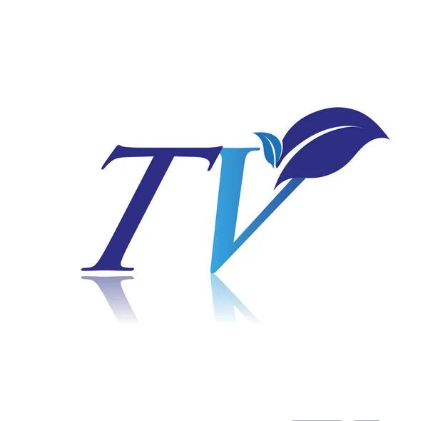 頭文字文字テレビ葉のロゴと 色の青の自然と環境のロゴ ビジネスと会社のアイデンティティのためのベクトルロゴ — ストックベクタ