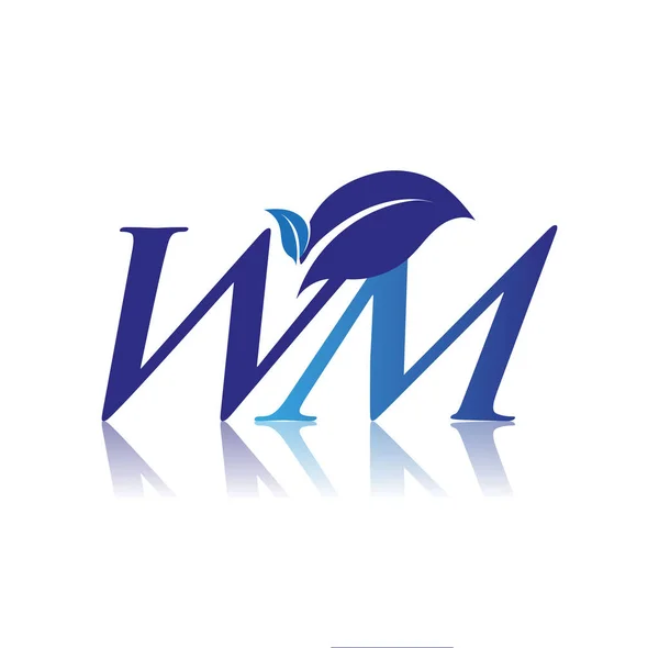 初始字母Wm与叶标 蓝色自然和环境标识 企业和公司标识的矢量标识 — 图库矢量图片