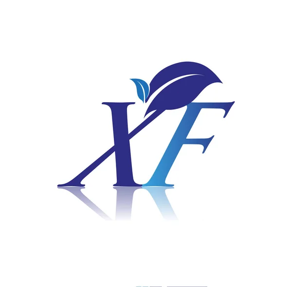 首字母Xf 带有叶标 蓝色自然及环保标志 企业和公司标识的矢量标识 — 图库矢量图片