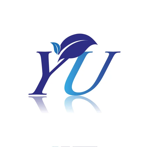 首字母Yu与叶标 蓝色自然与环保标志 企业和公司标识的矢量标识 — 图库矢量图片