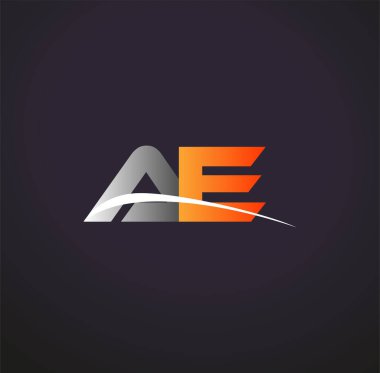 İlk harf AE logotype şirketi. Renkli gri ve turuncu renk desenli. Siyah arkaplanda izole.