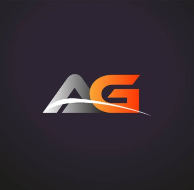 İlk harfi AG logotype şirketi. Renkli gri ve turuncu renk desenli. Siyah arkaplanda izole.