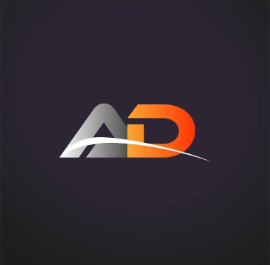 İlk harf AD logotype şirketinin adı Renkli Gri ve Turuncu Swoosh tasarımı. Siyah arkaplanda izole.