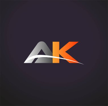 İlk harf AK logotype şirketi. Renkli gri ve turuncu renk desenli. Siyah arkaplanda izole.