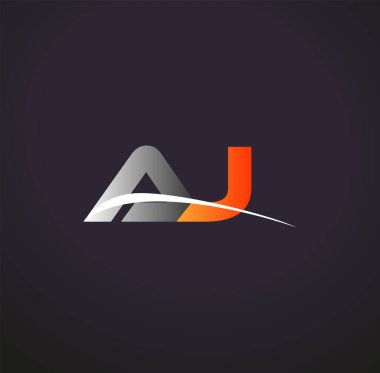 İlk harfi AJ logotype şirketi. Renkli gri ve turuncu çizim. Siyah arkaplanda izole.