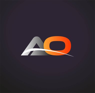 İlk harfi AO logotype şirketi. Renkli gri ve turuncu çizim. Siyah arkaplanda izole.