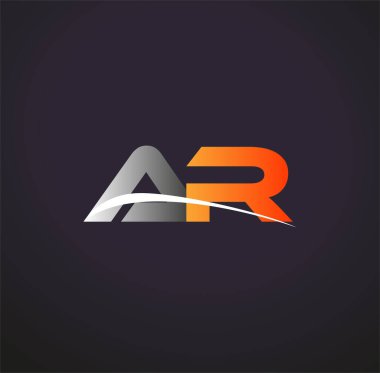 İlk harf AR logotype şirketi adı Renkli Gri ve Turuncu Swoosh tasarımı. Siyah arkaplanda izole.