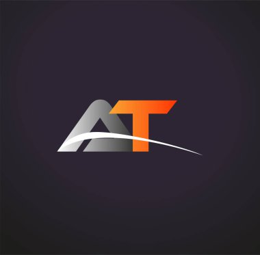 İlk harf AT logotype şirketinin adı Renkli Gri ve Turuncu Swoosh tasarımı. Siyah arkaplanda izole.