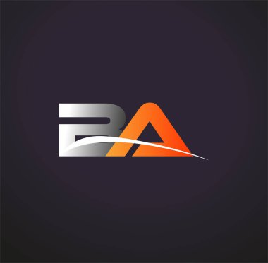 İlk harf BA logotype şirket adı Renkli Gri ve Turuncu Swoosh tasarımı. Siyah arkaplanda izole.