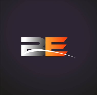 İlk harf BE logotype şirketi adı Renkli Gri ve Turuncu Swoosh tasarımı. Siyah arkaplanda izole.