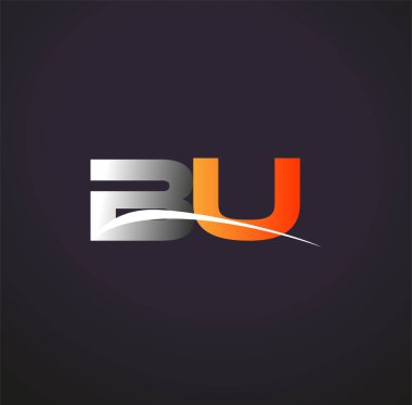 İlk harf BU logotype şirketinin adı Gri ve Turuncu Swoosh tasarımı. Siyah arkaplanda izole.