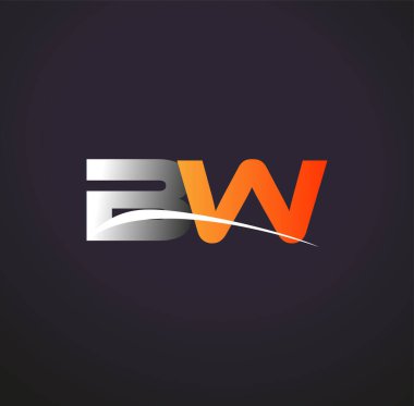 İlk harf BW logotype şirketinin adı Renkli Gri ve Turuncu Swoosh tasarımı. Siyah arkaplanda izole.
