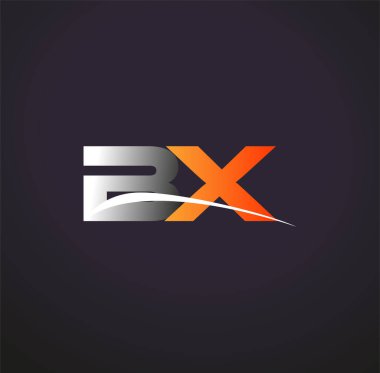 İlk harf BX logotype şirket adı Gri ve Turuncu Swoosh tasarımı. Siyah arkaplanda izole.