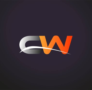 İlk harf CW logotype şirketinin adı Renkli Gri ve Turuncu Swoosh tasarımı. Siyah arkaplanda izole.