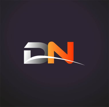 İlk harf DN logotype şirket adı Renkli Gri ve Turuncu Swoosh tasarımı. Siyah arkaplanda izole.