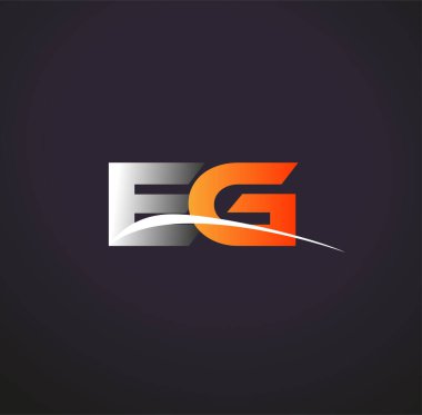 İlk harf EG logotype şirketi adı Renkli Gri ve Turuncu Swoosh tasarımı. Siyah arkaplanda izole.