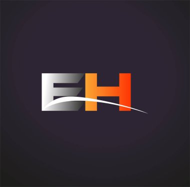 İlk harf EH logotype şirketinin adı Renkli Gri ve Turuncu Swoosh tasarımı. Siyah arkaplanda izole.