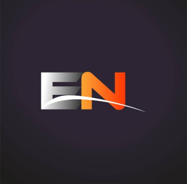 İlk harf EN logotype şirket adı Renkli Gri ve Turuncu Swoosh tasarımı. Siyah arkaplanda izole.