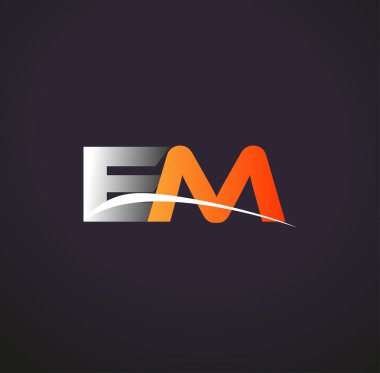 İlk harf EM logotype şirketinin adı Renkli Gri ve Turuncu Swoosh tasarımı. Siyah arkaplanda izole.