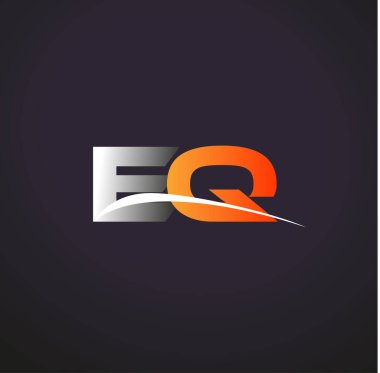 İlk harfi EQ logotype şirketi. Renkli gri ve turuncu çizim. Siyah arkaplanda izole.
