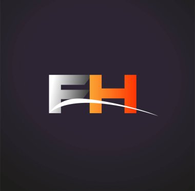 İlk harf FH logotype şirketi. Renkli gri ve turuncu renk desenli. Siyah arkaplanda izole.