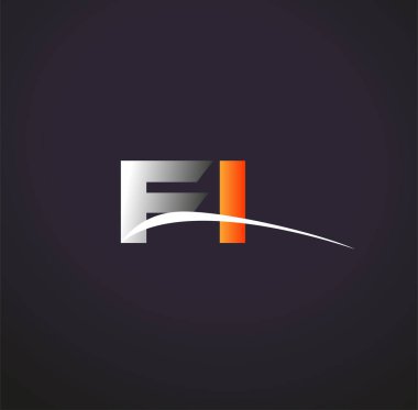 İlk harf FI logotype şirketinin adı Renkli Gri ve Turuncu Swoosh tasarımı. Siyah arkaplanda izole.