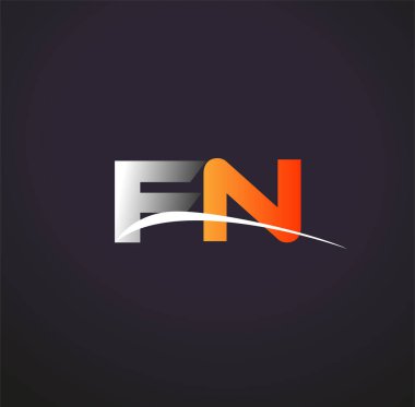 İlk harf FN logotype şirket adı Renkli Gri ve Turuncu Swoosh tasarımı. Siyah arkaplanda izole.