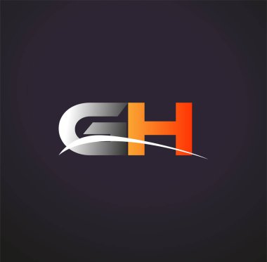 İlk harf GH logotype şirketinin adı Renkli Gri ve Turuncu Swoosh tasarımı. Siyah arkaplanda izole.
