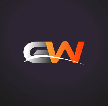 İlk harfi GW logotype şirketi. Renkli gri ve turuncu renk desenli. Siyah arkaplanda izole.