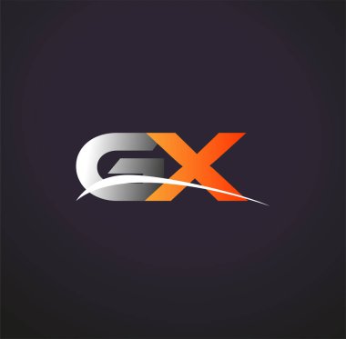 İlk harf GX logotype şirket adı Gri ve Turuncu Swoosh tasarımı. Siyah arkaplanda izole.