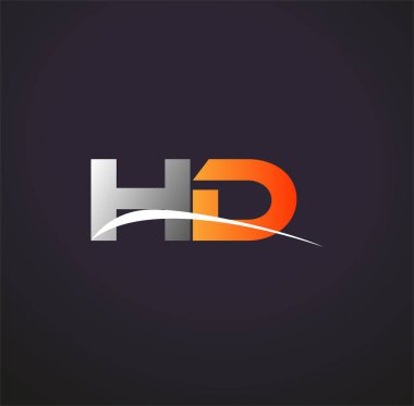İlk harf HD logotype şirketinin adı Renkli Gri ve Turuncu Swoosh tasarımı. Siyah arkaplanda izole.