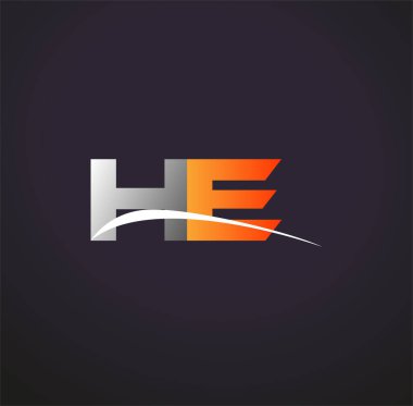 İlk harfi He logotype şirketinin adı Renkli Gri ve Turuncu Swoosh tasarımı. Siyah arkaplanda izole.