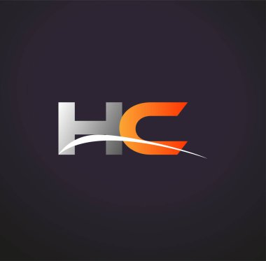 İlk harf HC logotype şirketi. Renkli gri ve turuncu çizim. Siyah arkaplanda izole.