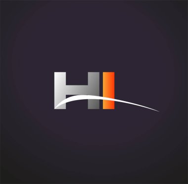 İlk harf HI logotype şirketinin adı Gri ve Turuncu Swoosh tasarımı. Siyah arkaplanda izole.