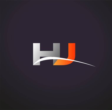 İlk harf HJ logotype şirketi. Renkli gri ve turuncu çizim. Siyah arkaplanda izole.