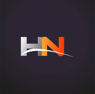 İlk harf HN logotype şirketinin adı renkli gri ve turuncu çizim. Siyah arkaplanda izole.