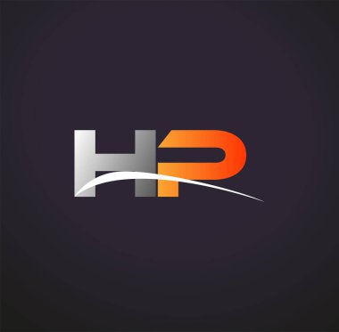 İlk harf HP logotype şirketinin adı Gri ve Turuncu Swoosh tasarımı. Siyah arkaplanda izole.