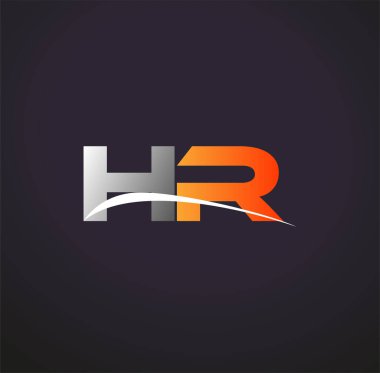 İlk harf HR logotype şirketi. Renkli gri ve turuncu çizim. Siyah arkaplanda izole.