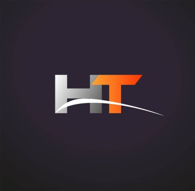İlk harf HT logotype şirketi. Renkli gri ve turuncu çizim. Siyah arkaplanda izole.