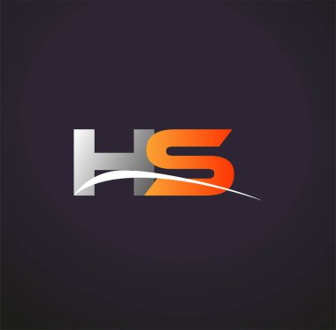 İlk harf HS logotype şirketinin adı Gri ve Turuncu Swoosh tasarımı. Siyah arkaplanda izole.