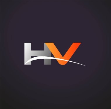 İlk harf HV logotype şirketinin adı Gri ve Turuncu Swoosh tasarımı. Siyah arkaplanda izole.